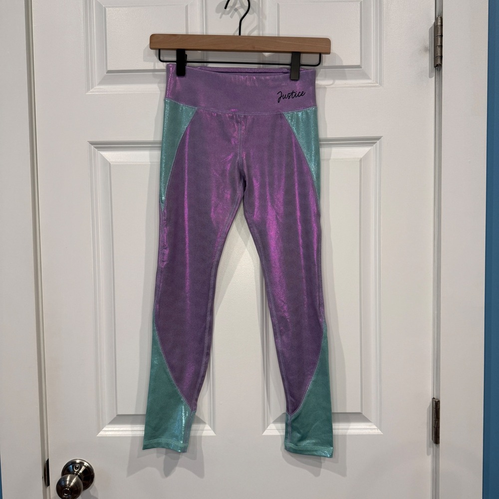 Justice‎ Girls Purple Teal Metallic Shimmer Colorblock Leggings Size M 10